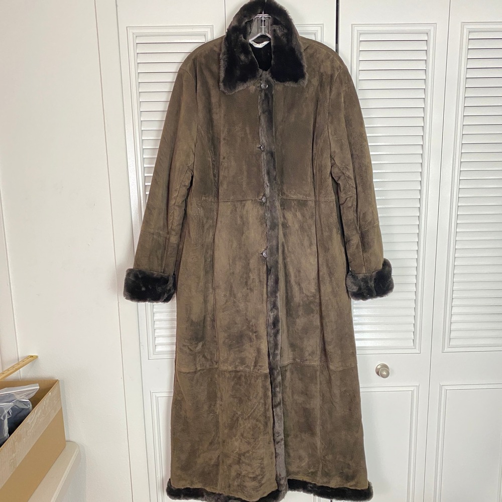 VTG Marvin Richards Leather Faux Fur Trim Maxi Coat 53" Women L Brown Penny Lane